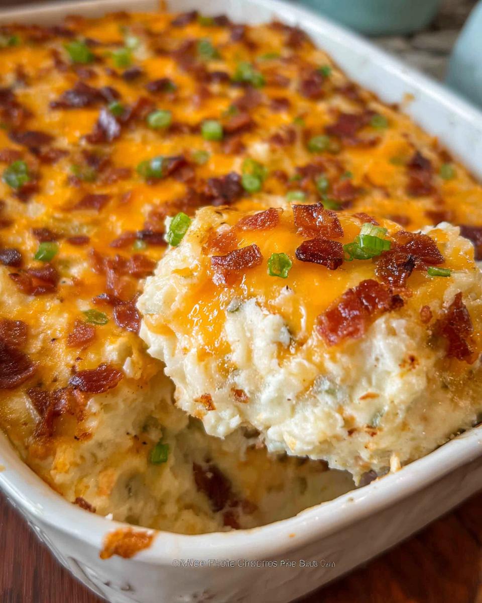 A scoop of creamy Loaded Baked Potato Casserole topped with melted cheddar cheese, bacon bits, and green onions.