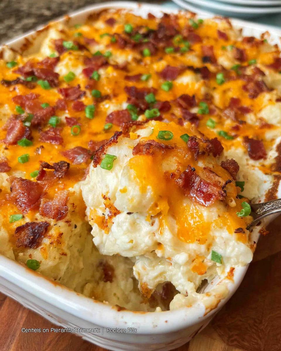 A spoonful of creamy Loaded Baked Potato Casserole topped with melted cheddar cheese, bacon bits, and green onions.