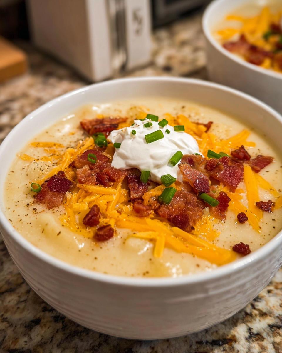 A close-up of a bowl of rich Loaded Baked Potato Soup with Bacon and Cheese, topped with sour cream and chives.