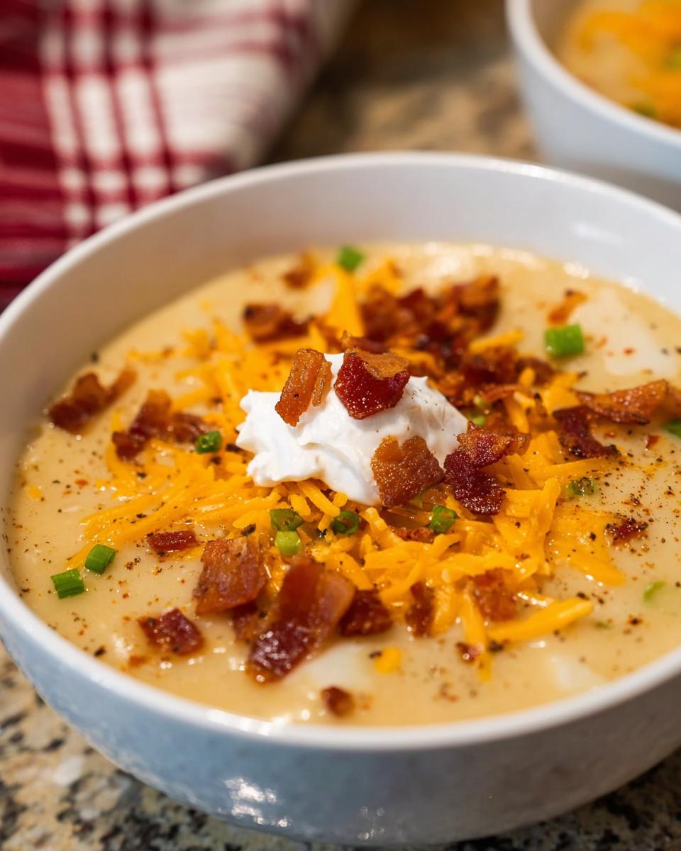 Close-up of a bowl of Loaded Baked Potato Soup with Bacon and Cheese, topped with sour cream.