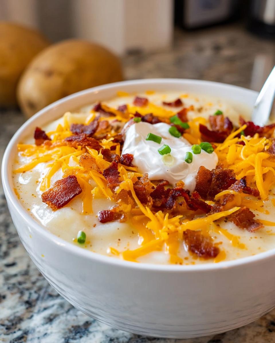 A close-up of a bowl of Loaded Baked Potato Soup with Bacon and Cheese, topped with sour cream and chives.