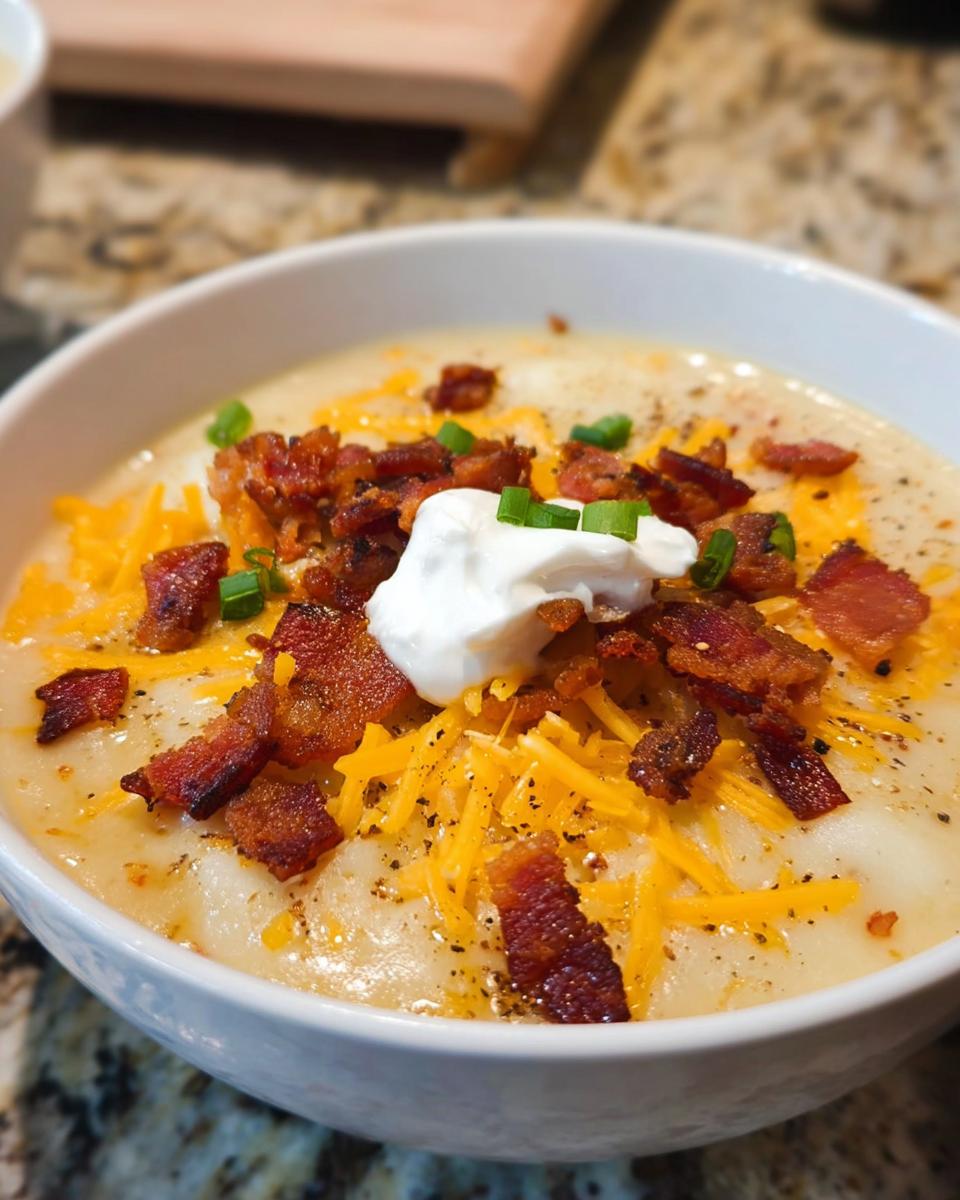 A bowl of creamy Loaded Baked Potato Soup with Bacon and Cheese, topped with shredded cheddar, bacon bits, sour cream, and chives.