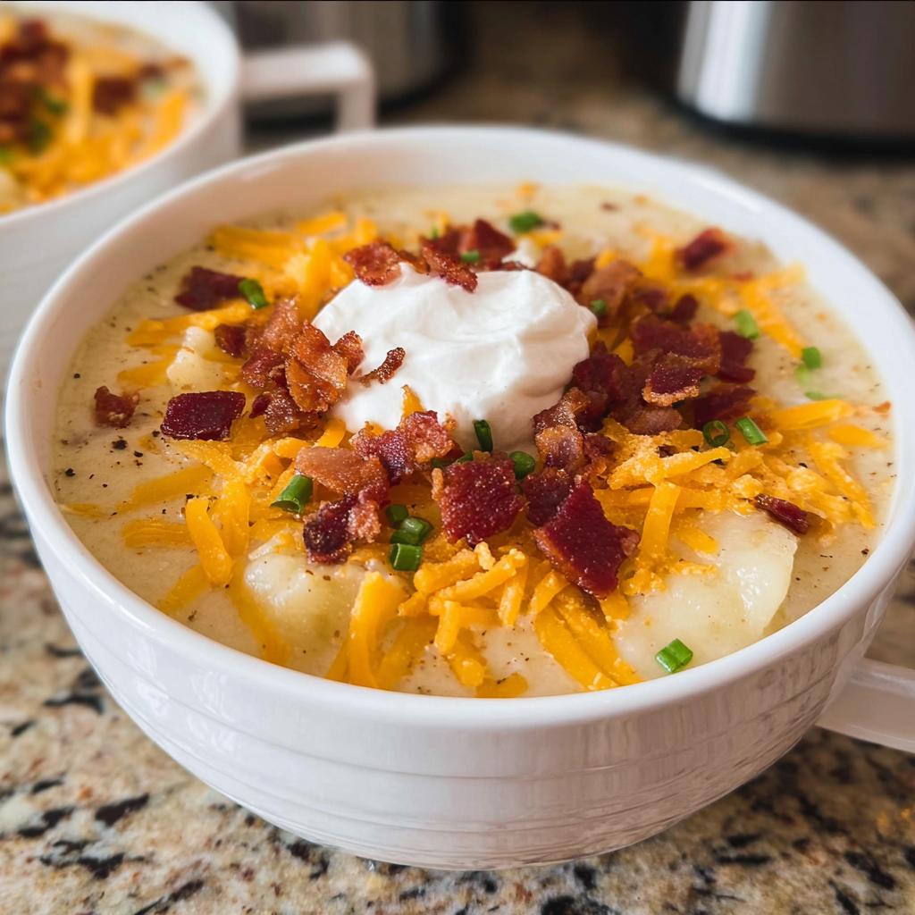 A close-up of a bowl of Loaded Baked Potato Soup with Bacon and Cheese, topped with sour cream and chives.
