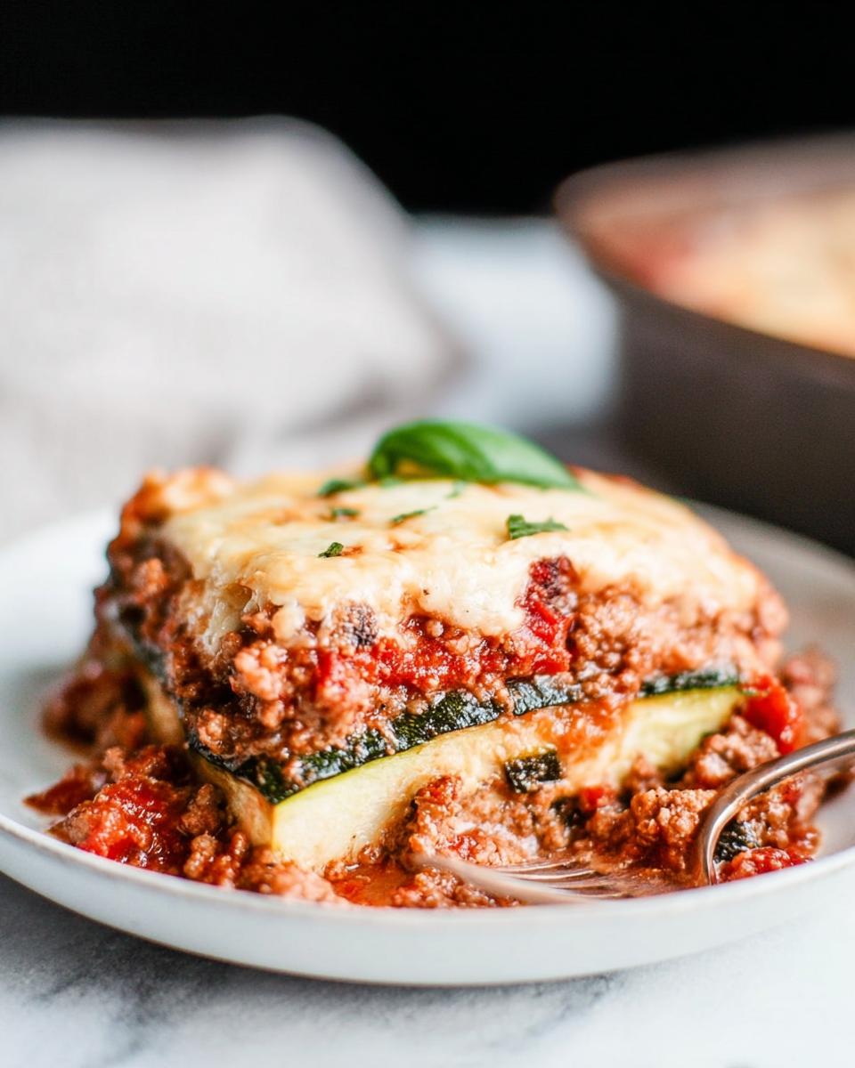 A close-up of a serving of Low Carb Zucchini Noodle Lasagna topped with melted cheese and basil.