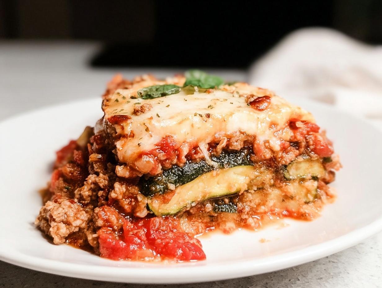 A close-up serving of Low Carb Zucchini Noodle Lasagna with meat sauce and melted cheese topping.
