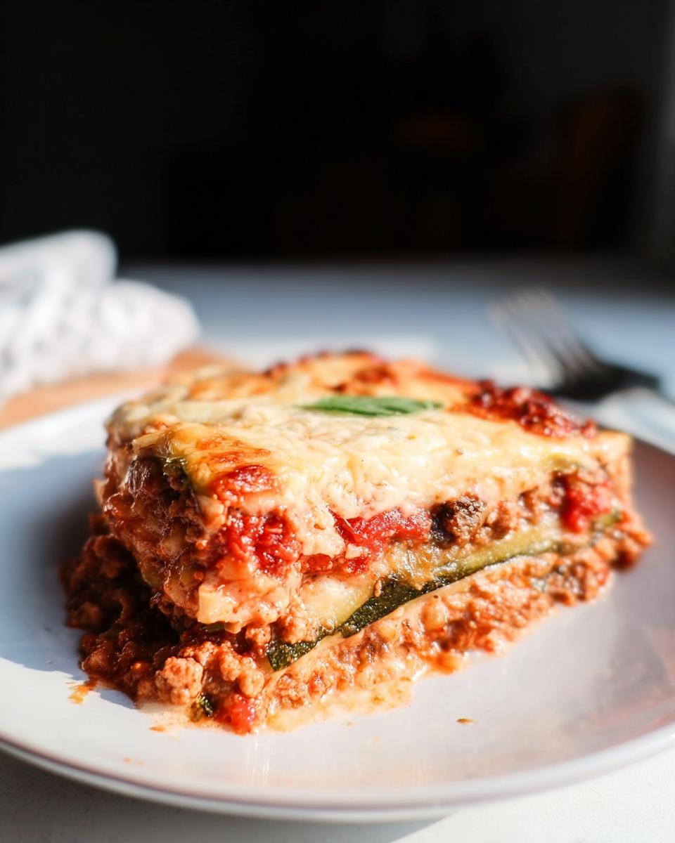 A delicious slice of Low Carb Zucchini Noodle Lasagna with melted cheese and meat sauce on a white plate.