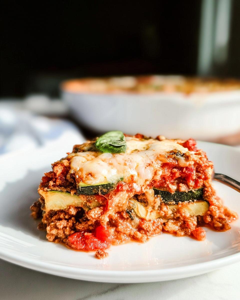 A delicious slice of Low Carb Zucchini Noodle Lasagna layered with meat sauce, cheese, and zucchini noodles, garnished with basil.