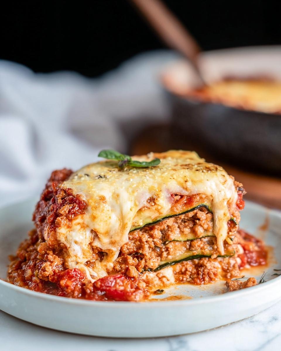 A generous serving of Low Carb Zucchini Noodle Lasagna with melted cheese topping and meat sauce.