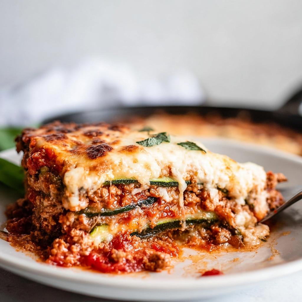 A close-up of a cheesy slice of Low Carb Zucchini Noodle Lasagna with meat sauce layers.