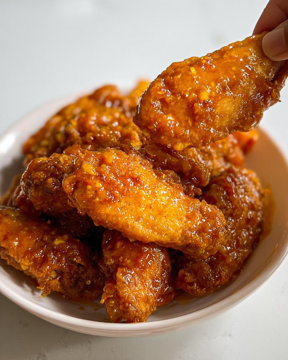 A hand lifting a sticky, glazed Mango Habanero Hot Wings piece from a white bowl full of wings.