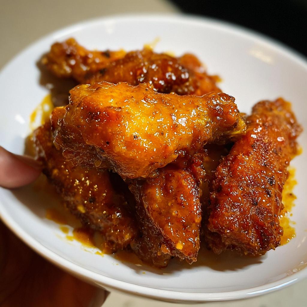 Close-up of sticky, glazed Mango Habanero Hot Wings piled in a small white bowl.
