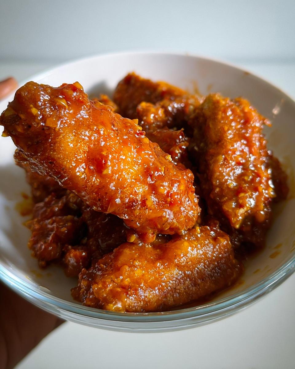 Close-up of crispy chicken wings heavily coated in a thick, glossy, orange-red Mango Habanero Hot Wings sauce.