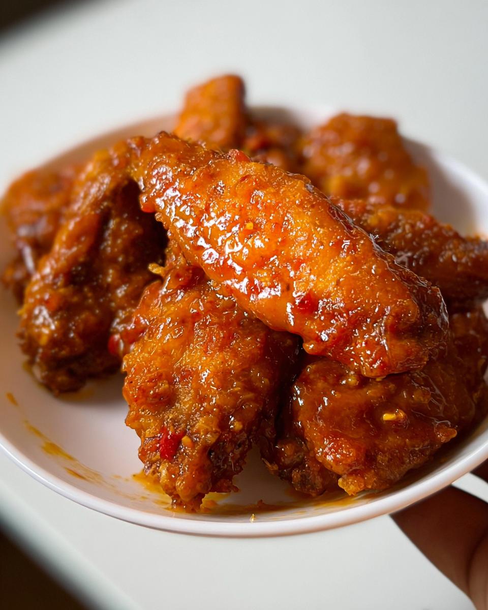 Close-up of crispy chicken wings heavily coated in a glossy, orange-red Mango Habanero Hot Wings sauce.