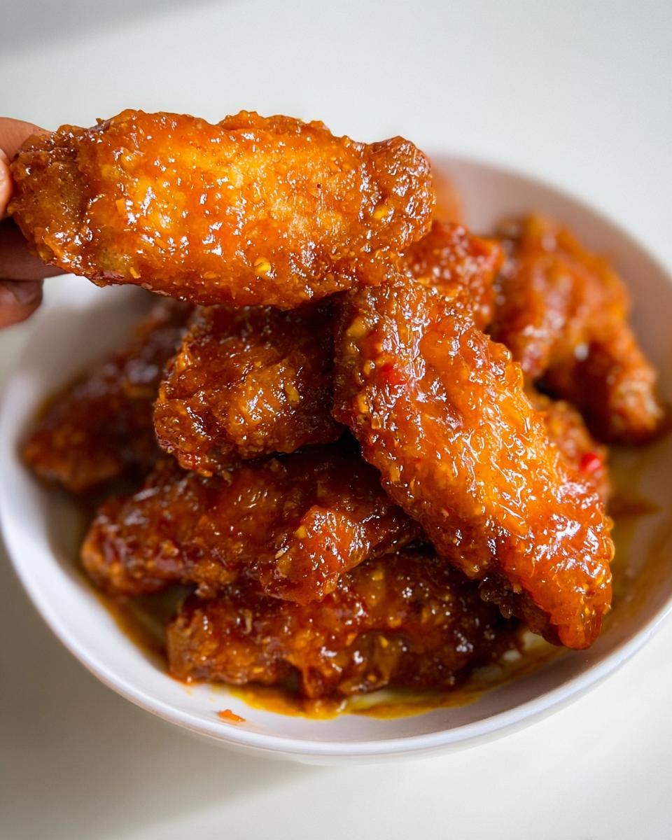A hand holds up one glazed, saucy Mango Habanero Hot Wings piece above a bowl full of more wings.
