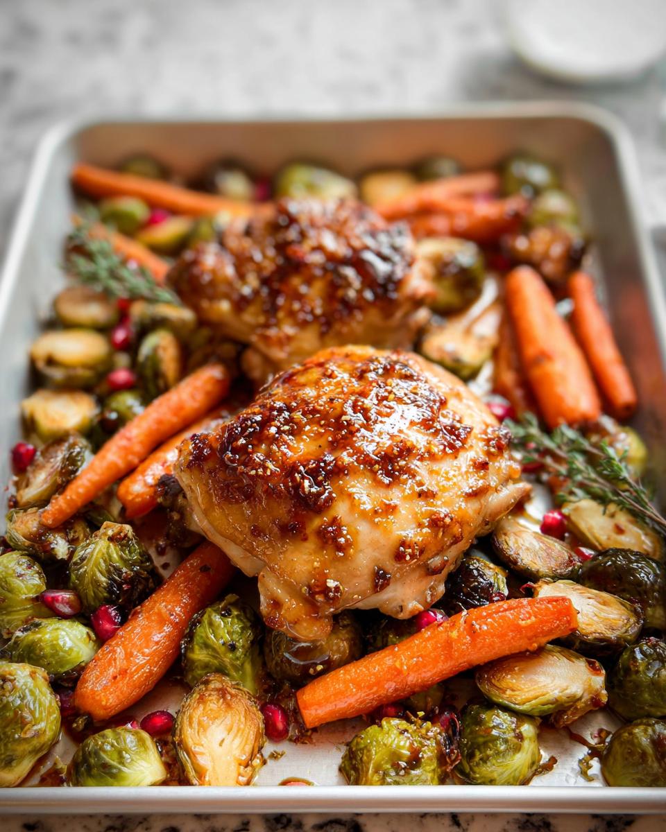 Two glazed Maple Dijon Roasted Chicken Thighs served with roasted carrots and Brussels sprouts on a sheet pan.