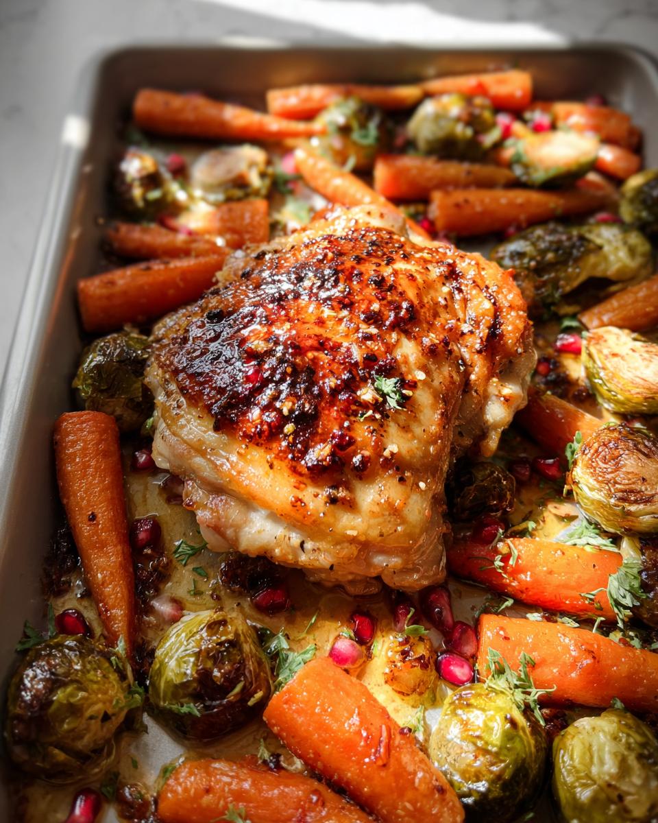 Close-up of crispy Maple Dijon Roasted Chicken Thighs surrounded by roasted carrots and Brussels sprouts.