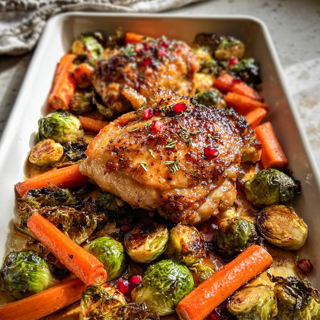 Two Maple Dijon Roasted Chicken Thighs served with roasted carrots and Brussels sprouts.