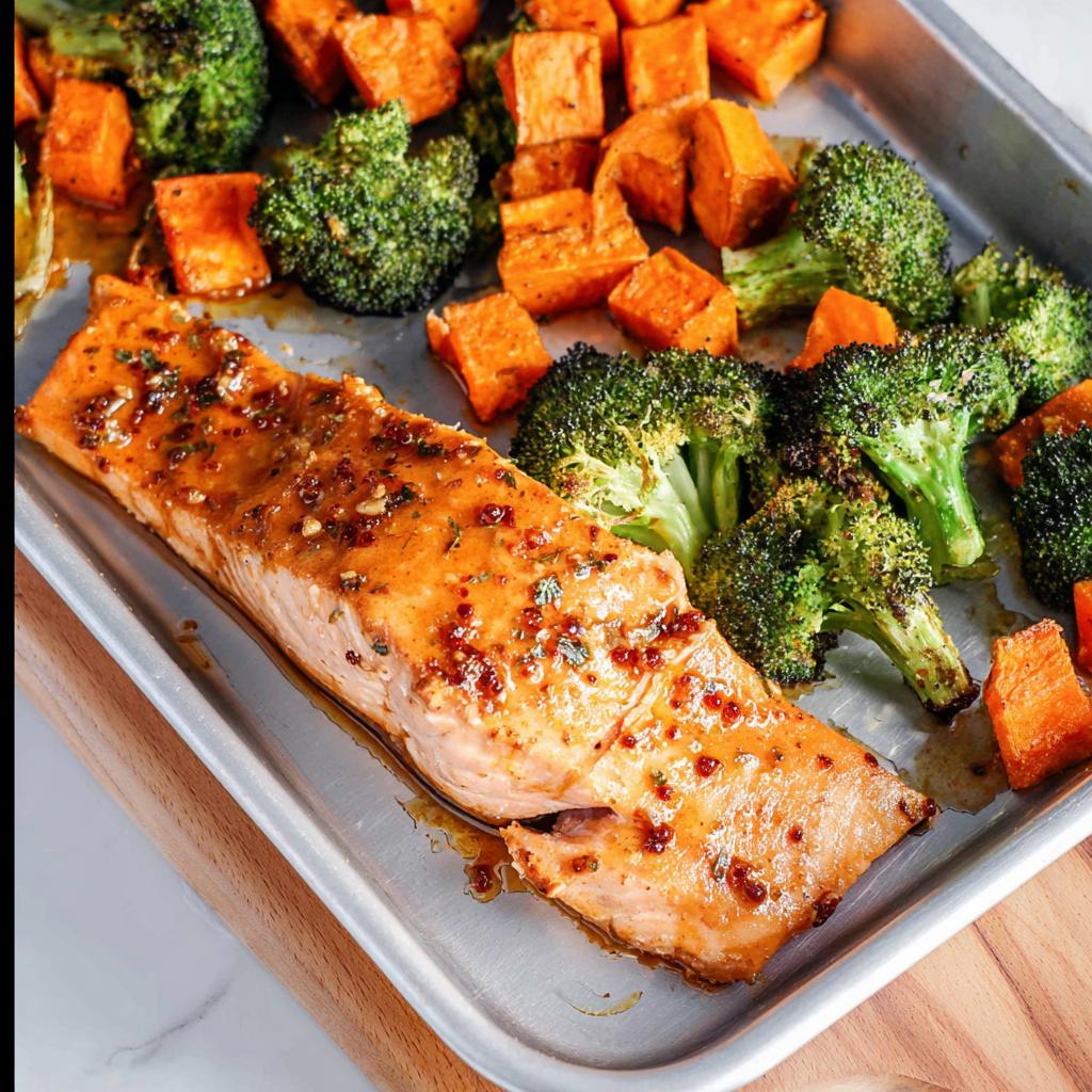 A cooked fillet of Maple Dijon Salmon Sheet Pan Dinner with roasted broccoli and sweet potatoes on a metal baking sheet.
