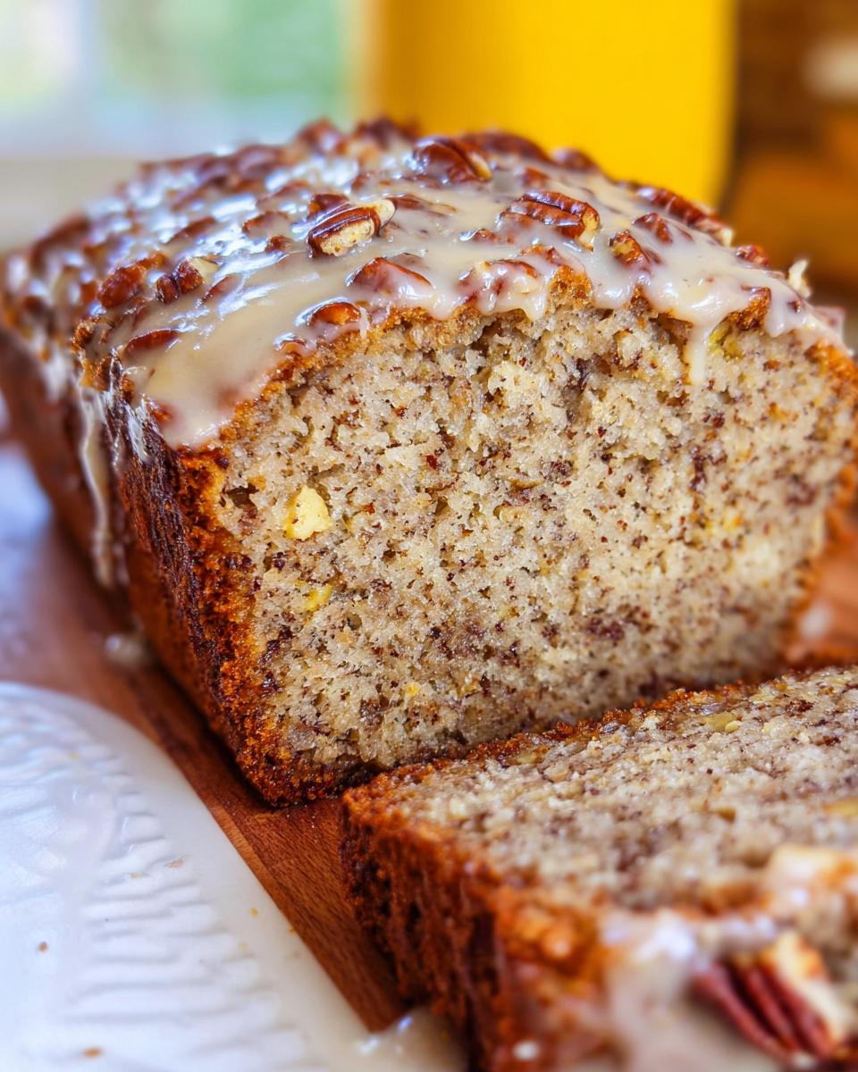 Close-up of Maple Pecan Banana Bread loaf, sliced and topped with a thick maple glaze and chopped pecans.