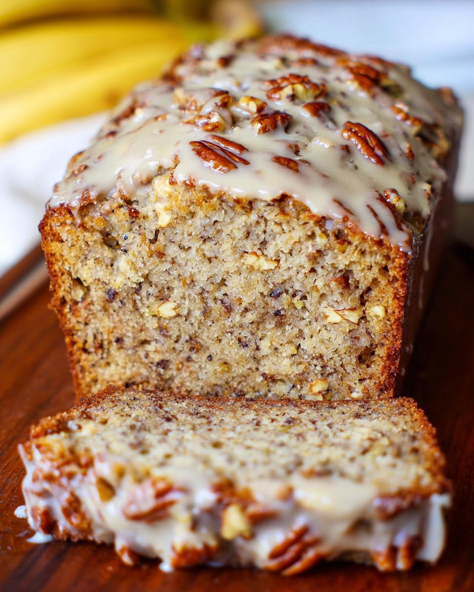 Close-up of Maple Pecan Banana Bread loaf, drizzled with maple glaze and topped with pecans, with one slice cut.
