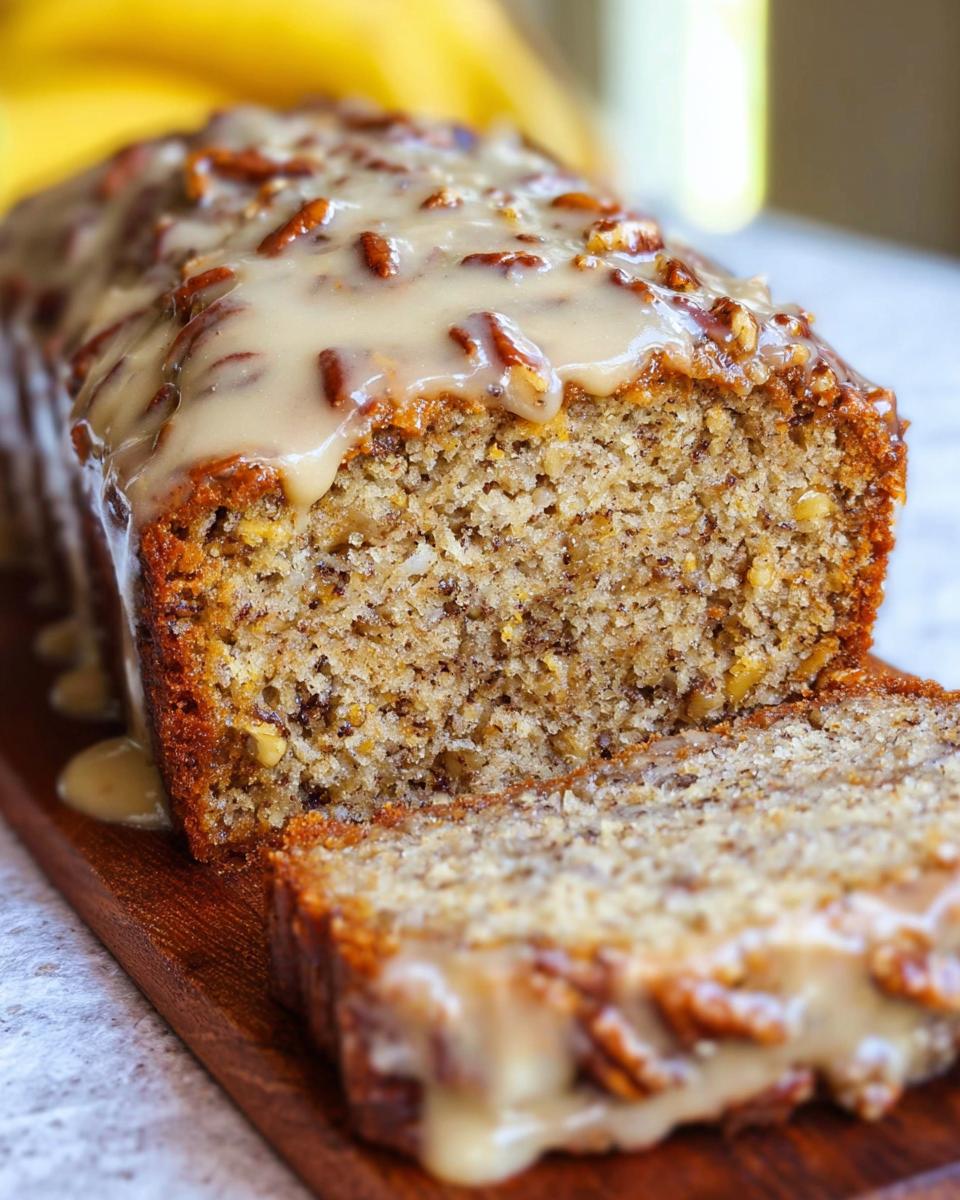 A loaf of Maple Pecan Banana Bread, sliced, drizzled with a thick maple glaze and topped with pecans.