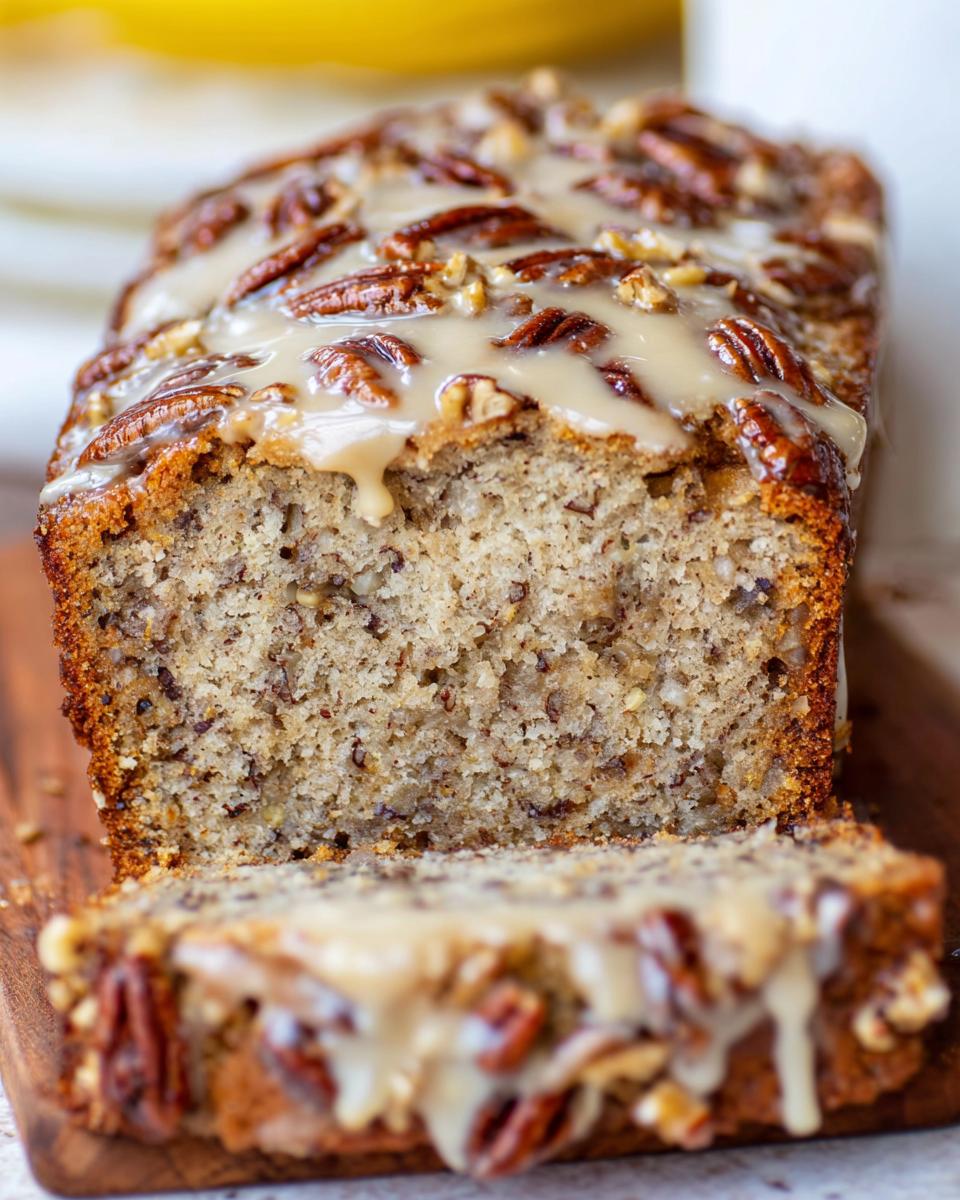 Close-up of Maple Pecan Banana Bread, sliced, showing moist crumb and maple glaze with pecans.