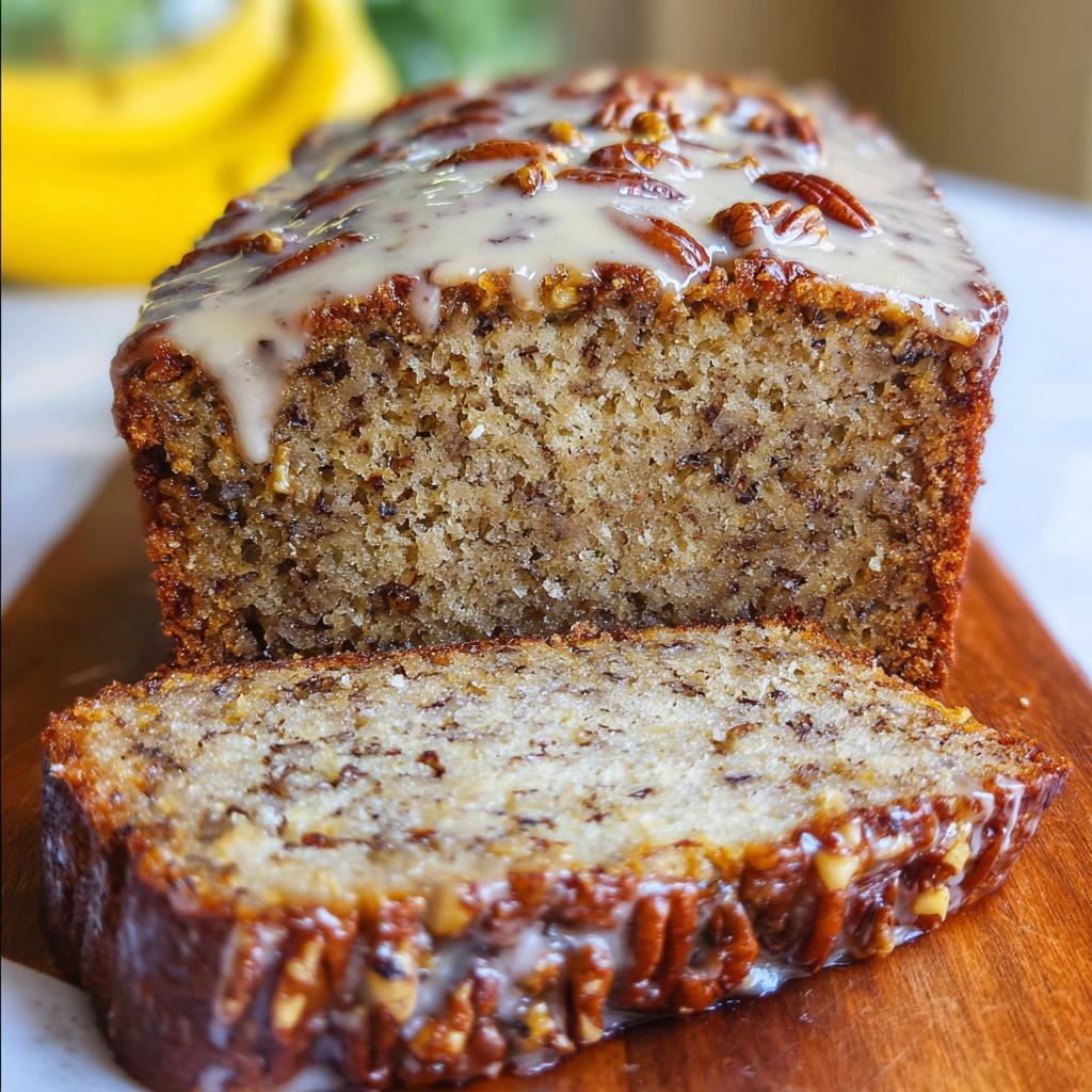 A loaf of Maple Pecan Banana Bread, sliced to show the moist interior and topped with a maple glaze and pecans.