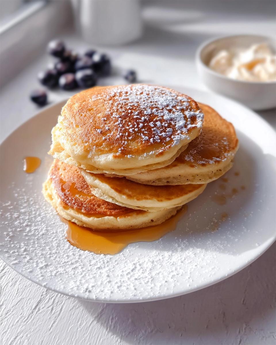 A stack of four fluffy pancakes dusted with powdered sugar, drizzled with syrup, perfect for a McDonald's Pancake Recipe copycat.