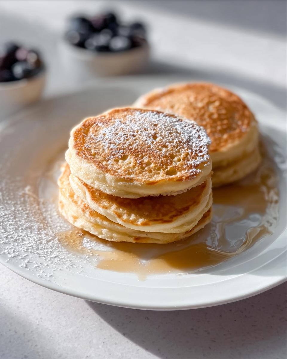 A stack of three fluffy pancakes dusted with powdered sugar, drizzled with syrup, part of a McDonald's Pancake Recipe copycat.