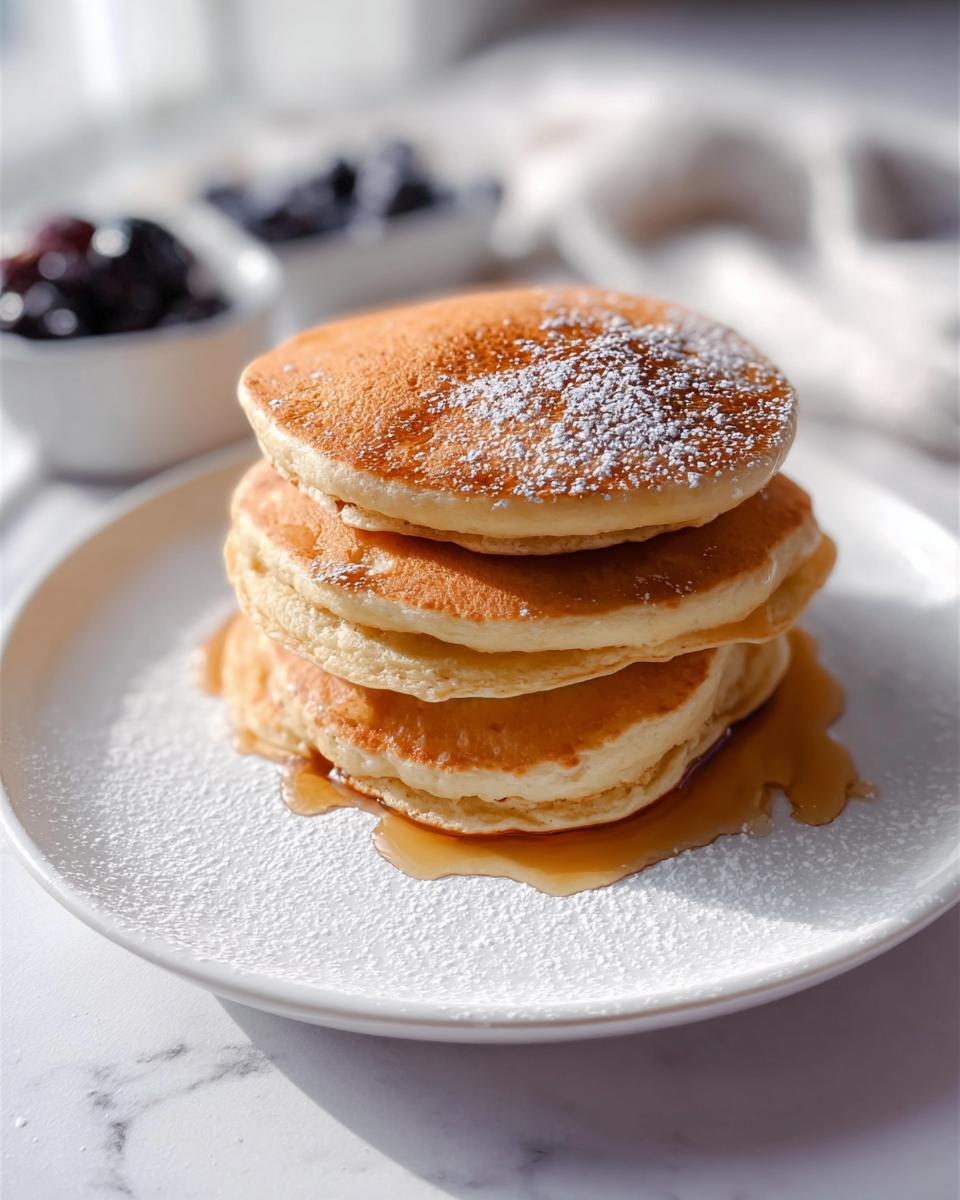 A tall stack of four fluffy McDonald's Pancake copycat pancakes dusted with powdered sugar and drizzled with syrup.