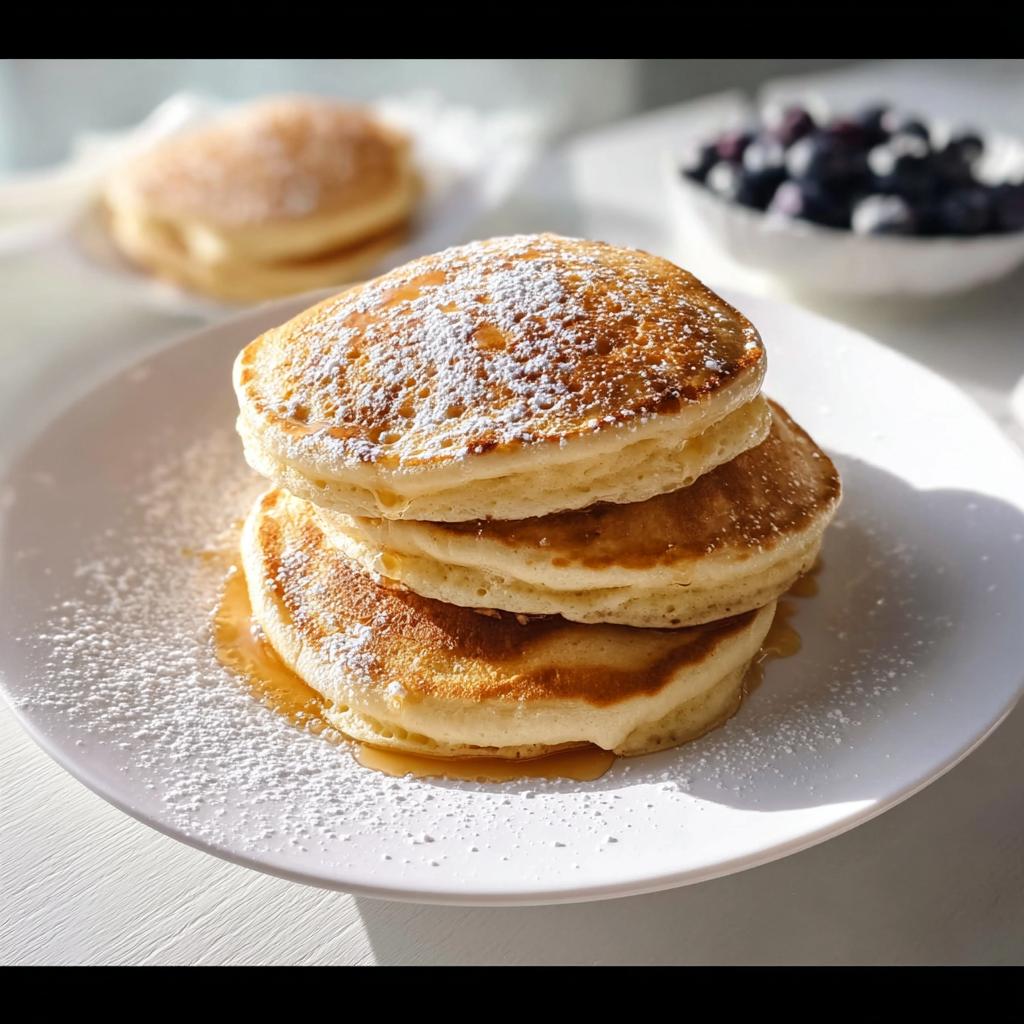 A stack of three fluffy McDonald's Pancake Recipe copycat pancakes dusted with powdered sugar and drizzled with syrup.