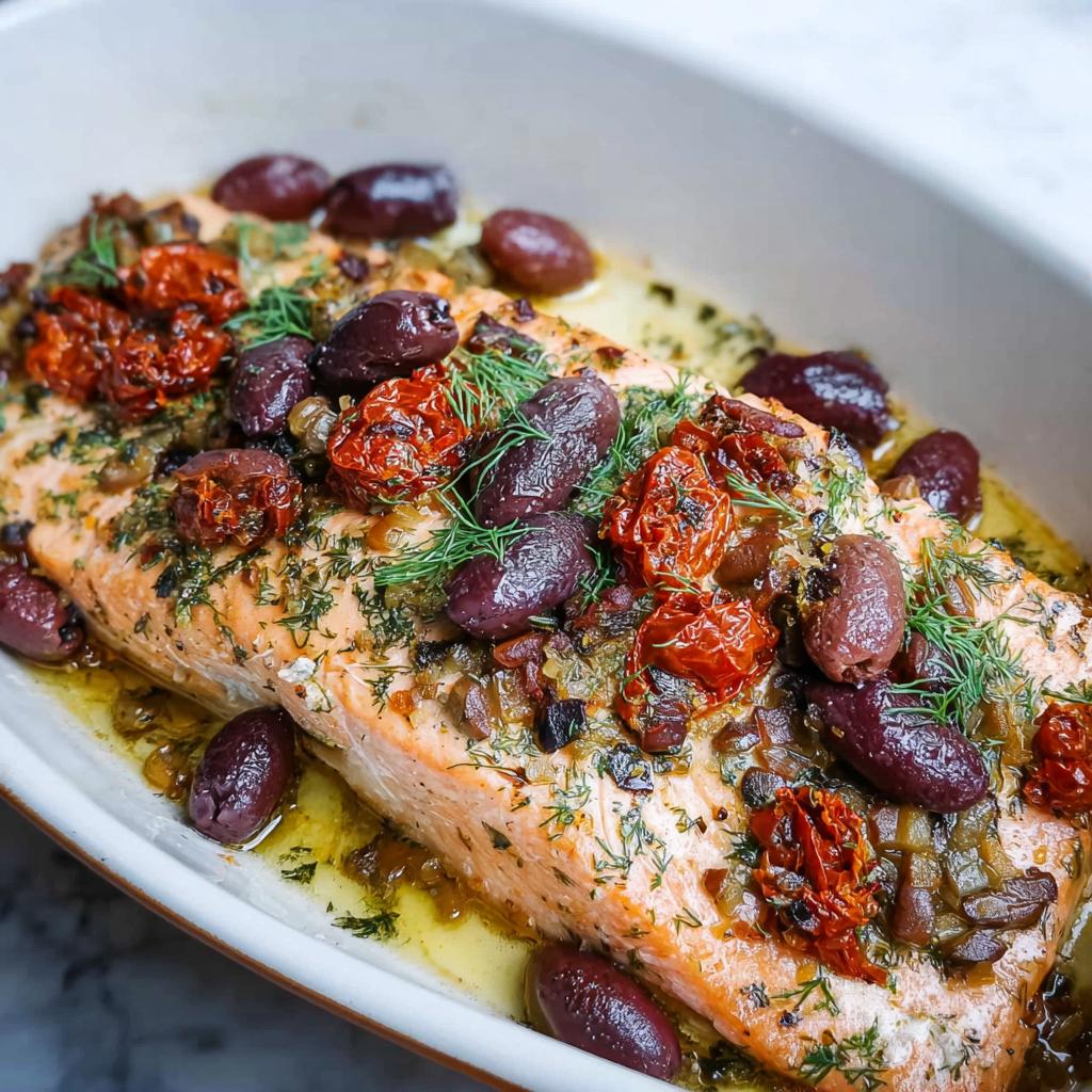 Close-up of Mediterranean Baked Salmon with Tomatoes and Olives, garnished with fresh dill.