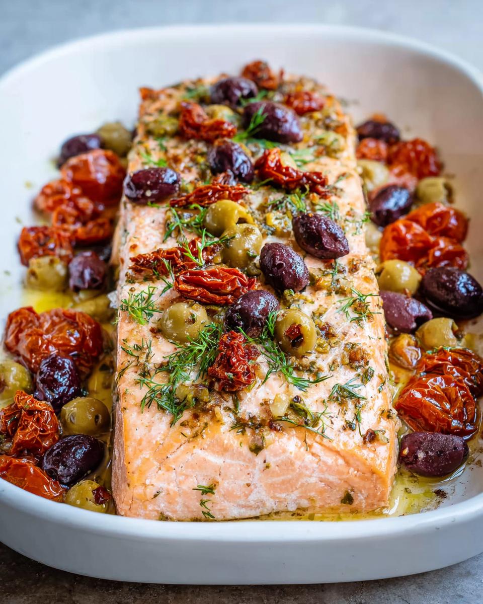 Close-up of Mediterranean Baked Salmon with Tomatoes and Olives, topped with herbs in a white dish.