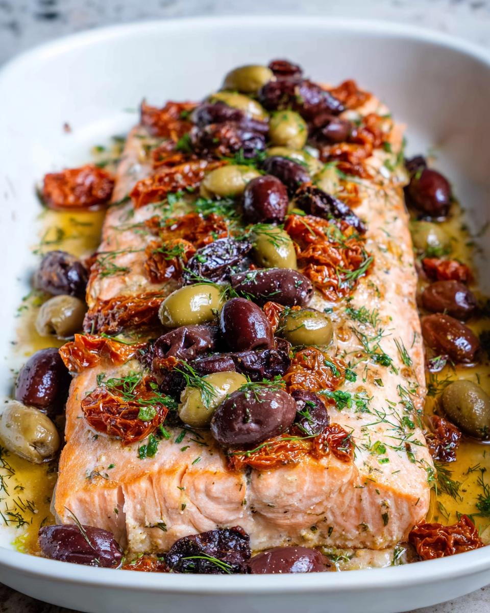 A baked fillet of Mediterranean Baked Salmon with Tomatoes and Olives, glistening in oil.