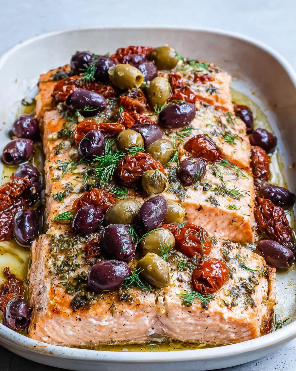 Close-up of baked salmon fillets topped with Kalamata olives, green olives, sun-dried tomatoes, and fresh dill.