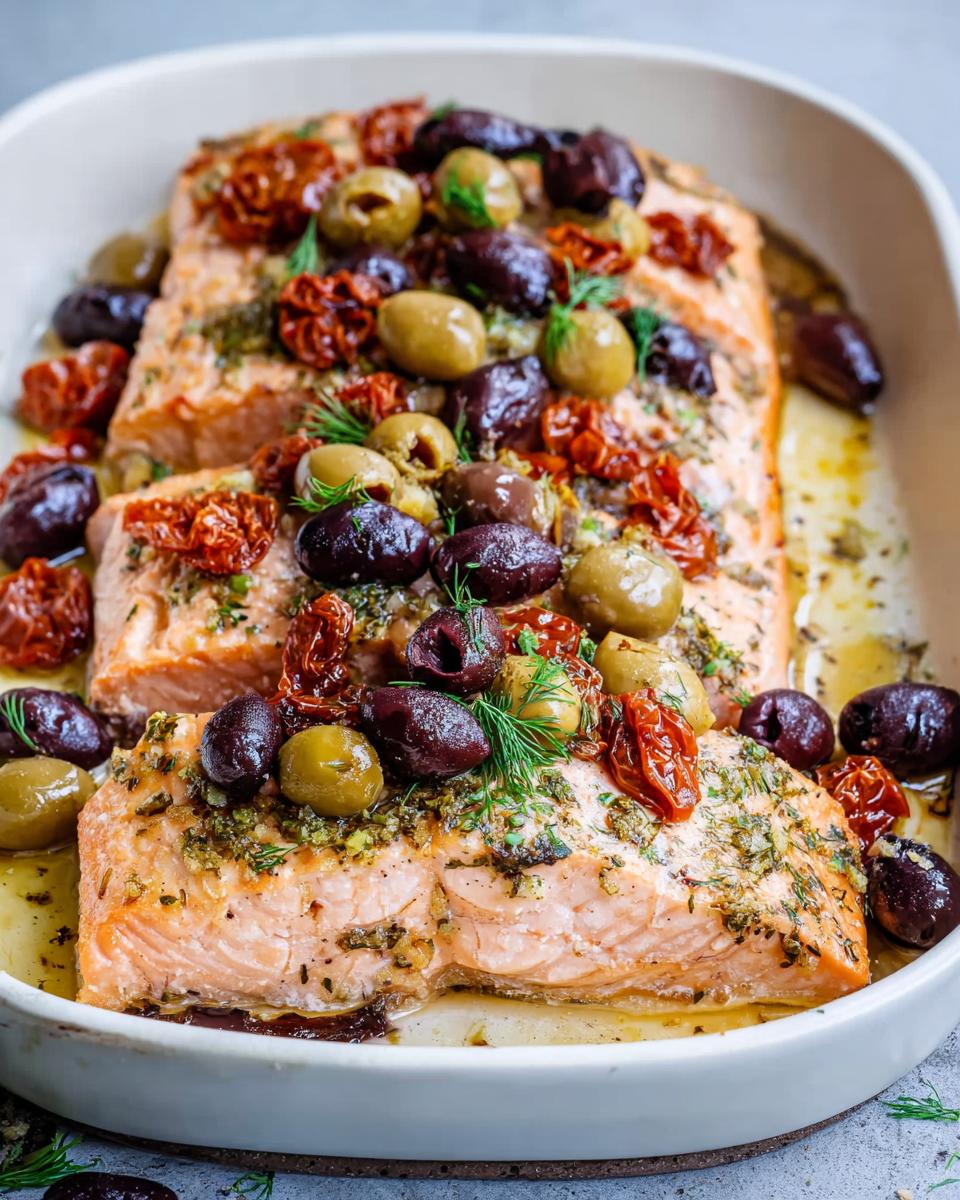 Close-up of three fillets of Mediterranean Baked Salmon with Tomatoes and Olives, baked in a white dish.