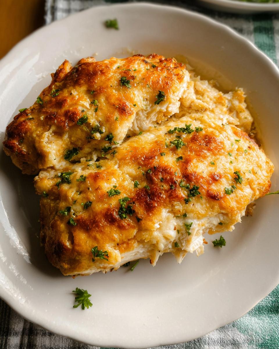 Two pieces of Melt in Your Mouth Chicken Bake with a bubbly, golden-brown cheese crust, garnished with parsley.