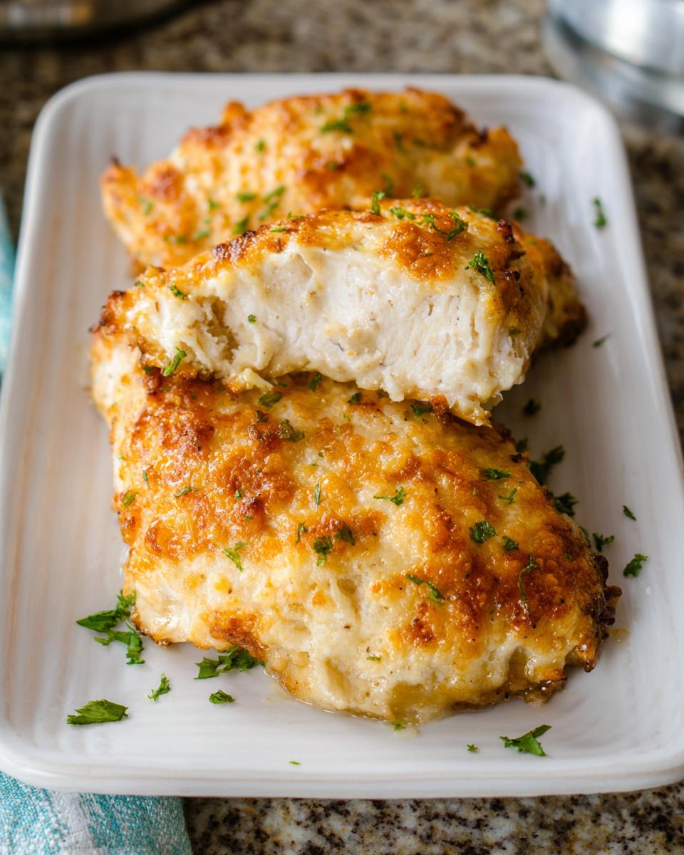 Close-up of a Melt in Your Mouth Chicken Bake, showing the juicy interior and golden, cheesy topping.