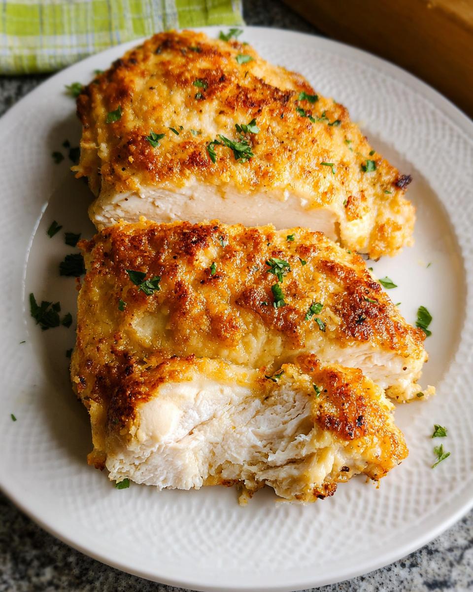 Two halves of a juicy Melt in Your Mouth Chicken Bake showing the white interior and golden, crispy topping.