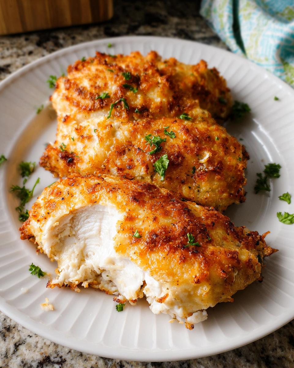 Three pieces of golden brown Melt in Your Mouth Chicken Bake on a white plate, one piece cut open showing moist white meat.