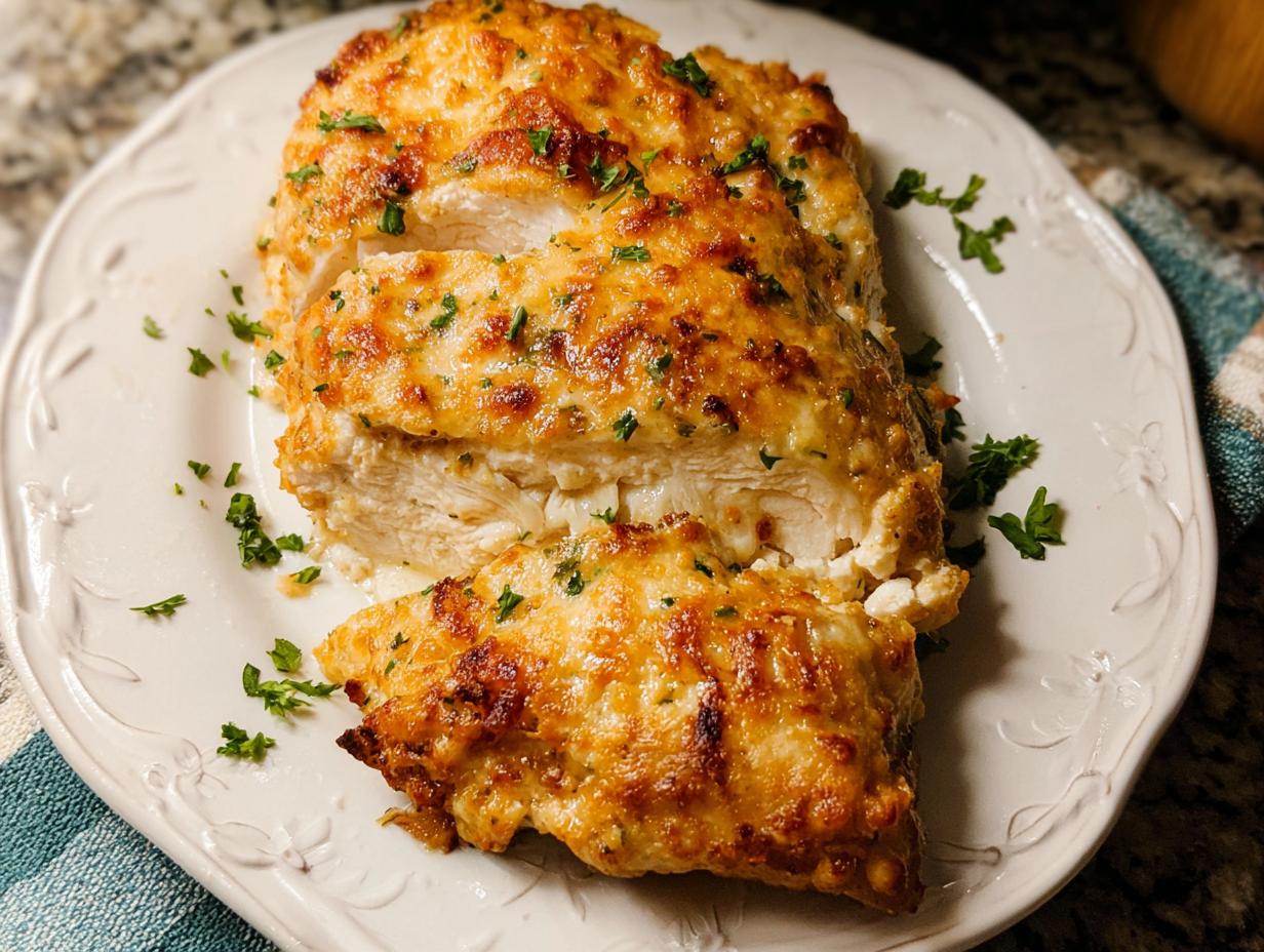Close-up of the Melt in Your Mouth Chicken Bake, sliced to show juicy white meat and cheesy golden topping.