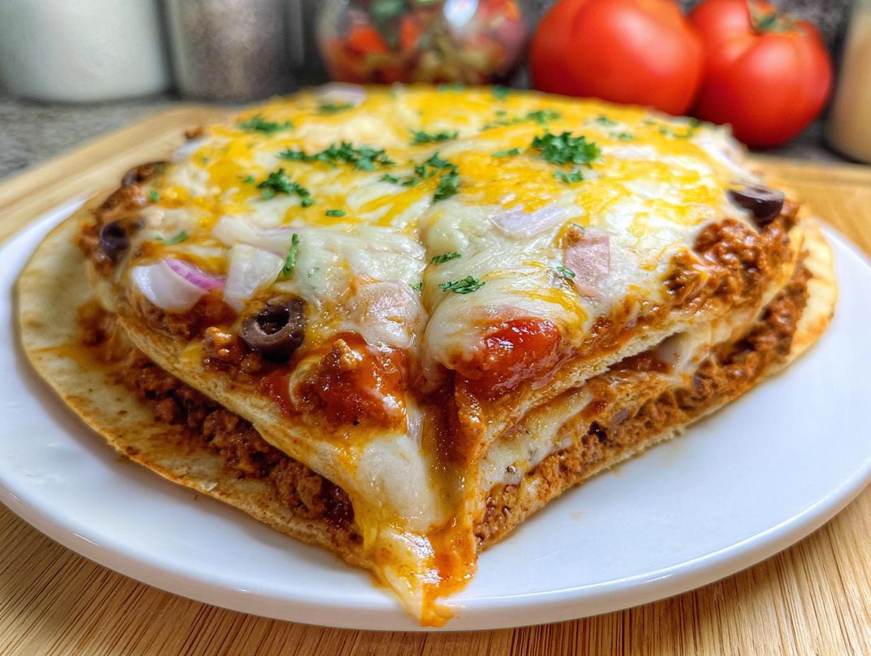 Close-up of a delicious Mexican Pizza slice with melted cheese, seasoned beef, onions, and olives.