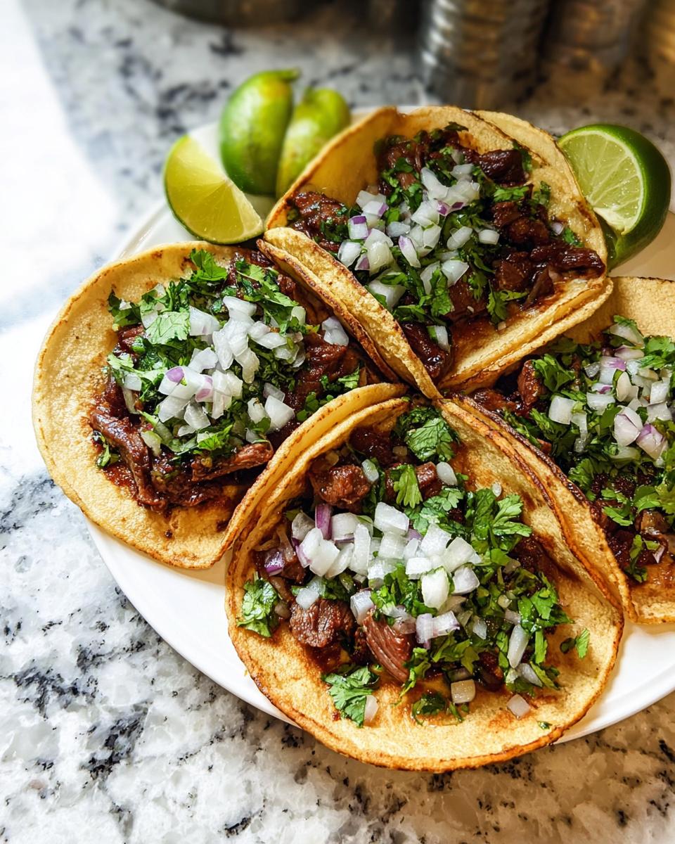 Four authentic Mexican Street Tacos filled with seasoned meat, topped with fresh diced onion and cilantro, served with lime wedges.
