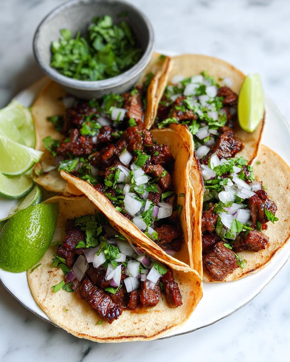 Close-up of three Mexican Street Tacos filled with marinated steak, topped with diced white onion and cilantro.