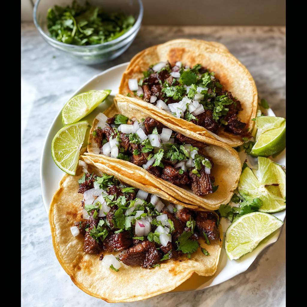 Three delicious Mexican Street Tacos filled with dark seasoned meat, topped with diced white onion and cilantro.
