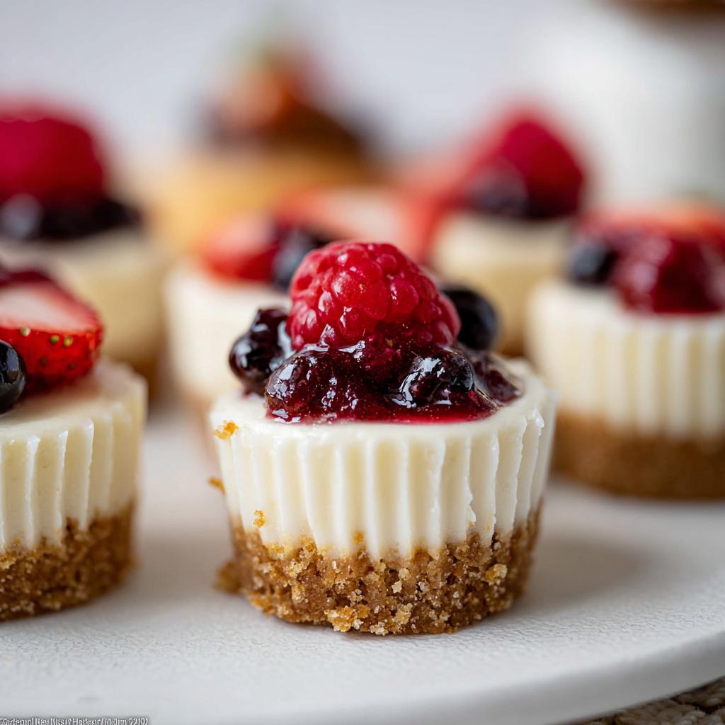 A close-up, shallow depth of field shot of several Mini Cheesecake Bites with Berry Topping on a white plate.