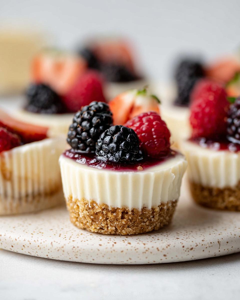 A close-up of one of the Mini Cheesecake Bites with Berry Topping, featuring a graham cracker crust and fresh berries.