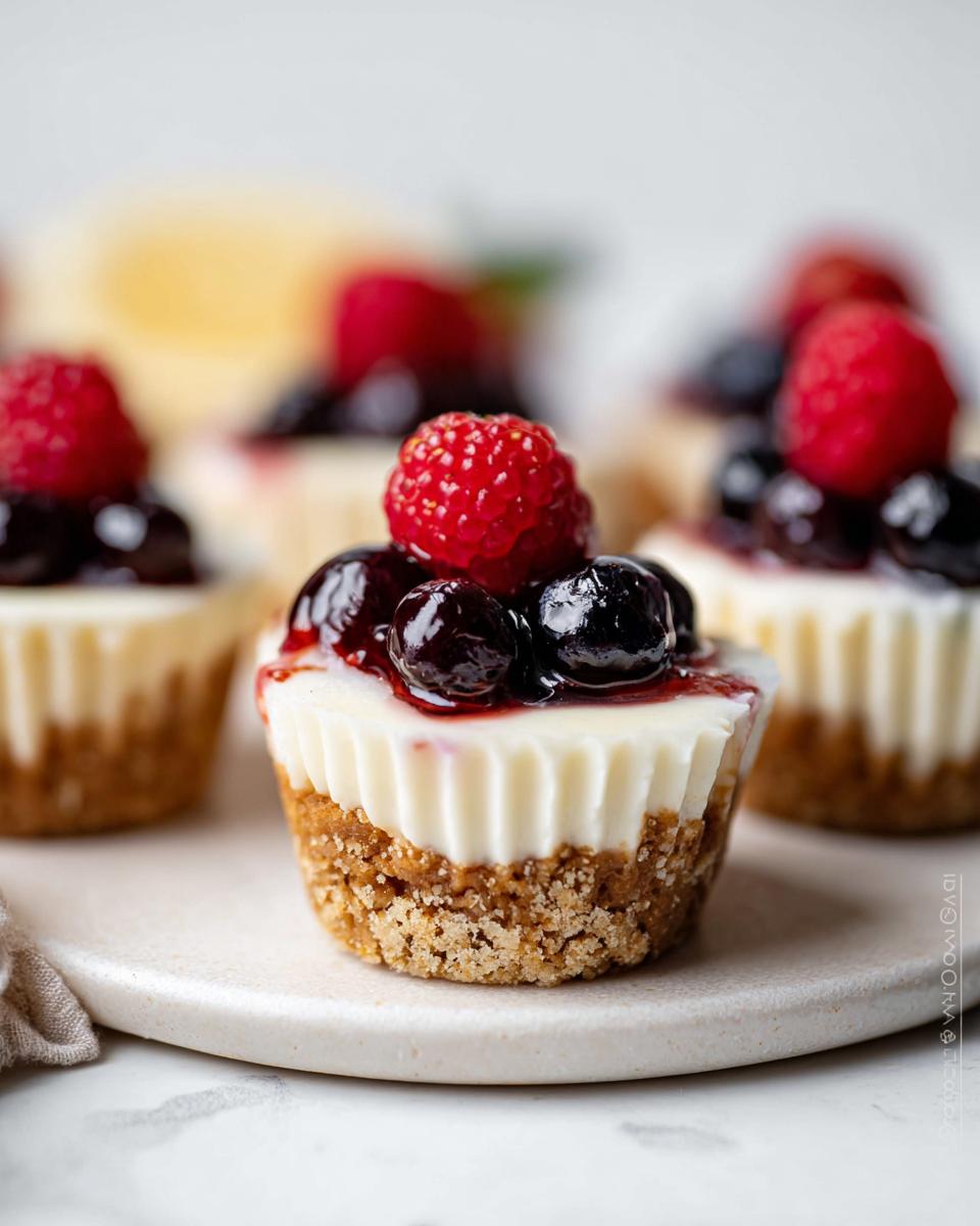 A close-up shot of one of the Mini Cheesecake Bites with Berry Topping, featuring a graham cracker crust and fresh berries.