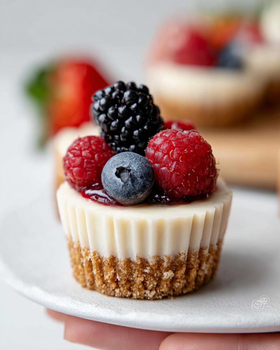 A single, perfectly formed Mini Cheesecake Bite with Berry Topping, featuring a graham cracker crust and fresh berries.
