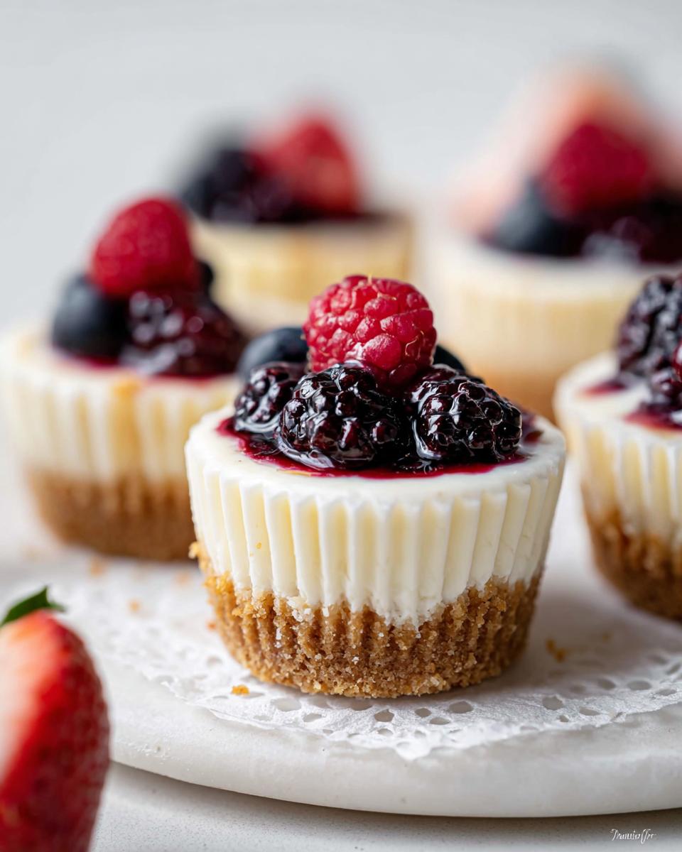 Close-up of a single Mini Cheesecake Bite with Berry Topping, featuring a graham cracker crust and fresh berries.